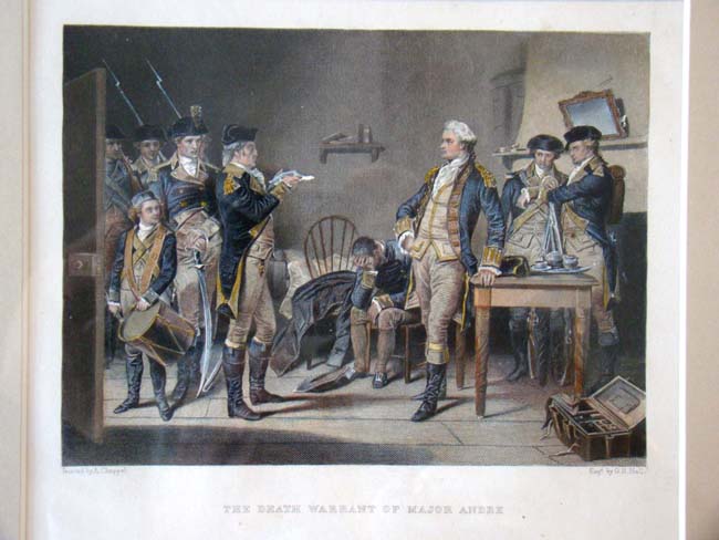 A fine hand colored Revolutionary War engraving circa 1855 depicting "The Death Warrant of Major John Andre"